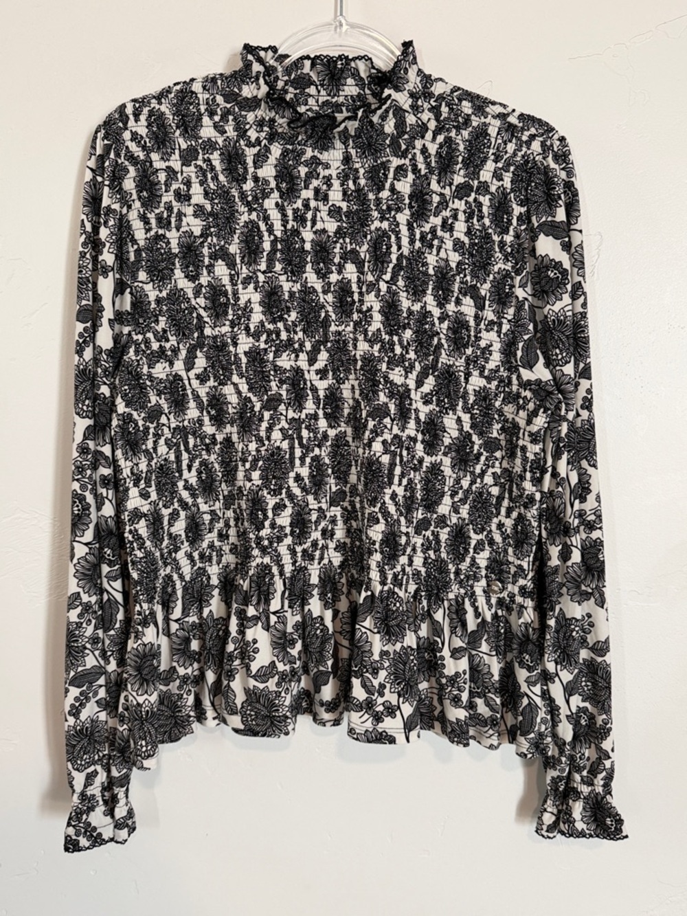 Tommy Hilfiger Black & White Floral Smocked Long-Sleeve Top